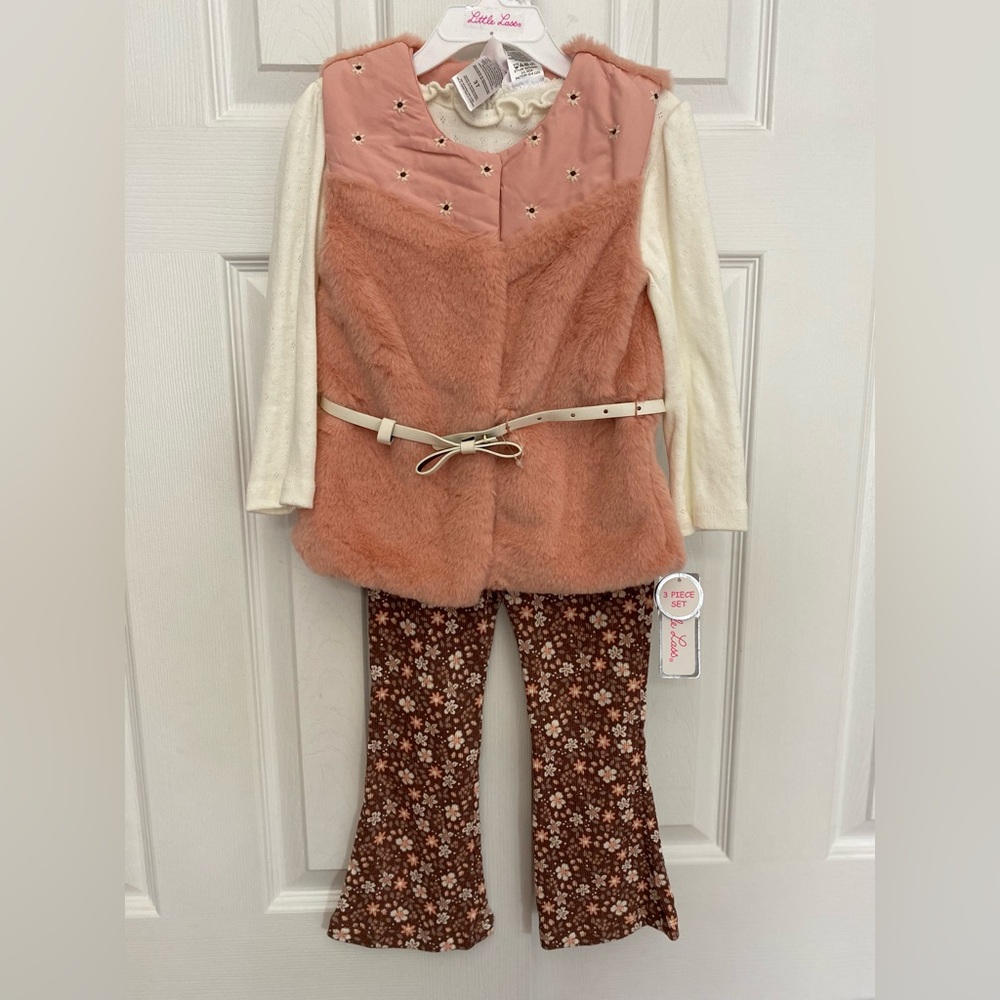 3pc set- boho fall florals belted faux fur vest outfit with flare printed pants